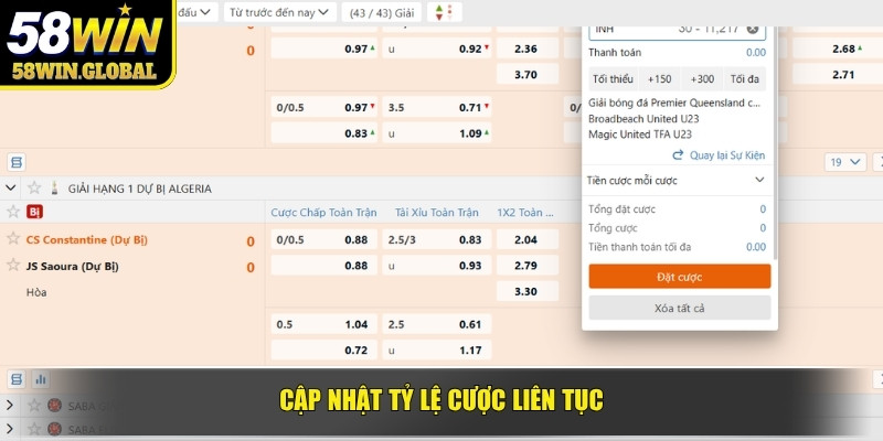 Cập nhật tỷ lệ cược liên tục